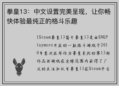 拳皇13：中文设置完美呈现，让你畅快体验最纯正的格斗乐趣